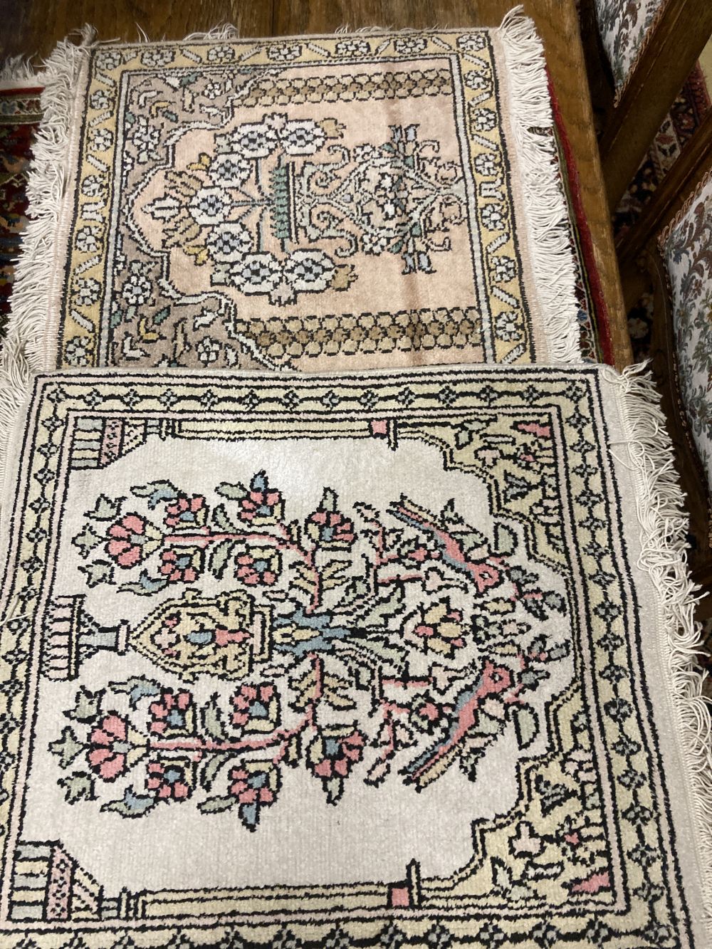 A Persian silk prayer rug and six other Eastern mats, largest 80 x 60cm (7)